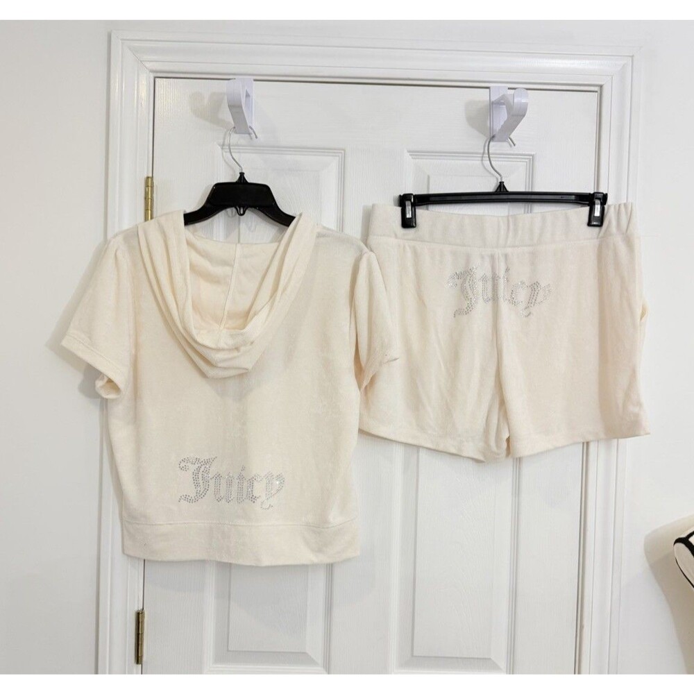 Juicy Couture Oyster Terry Cloth Short Sleeve Hoodie and Shorts Set XL NWT